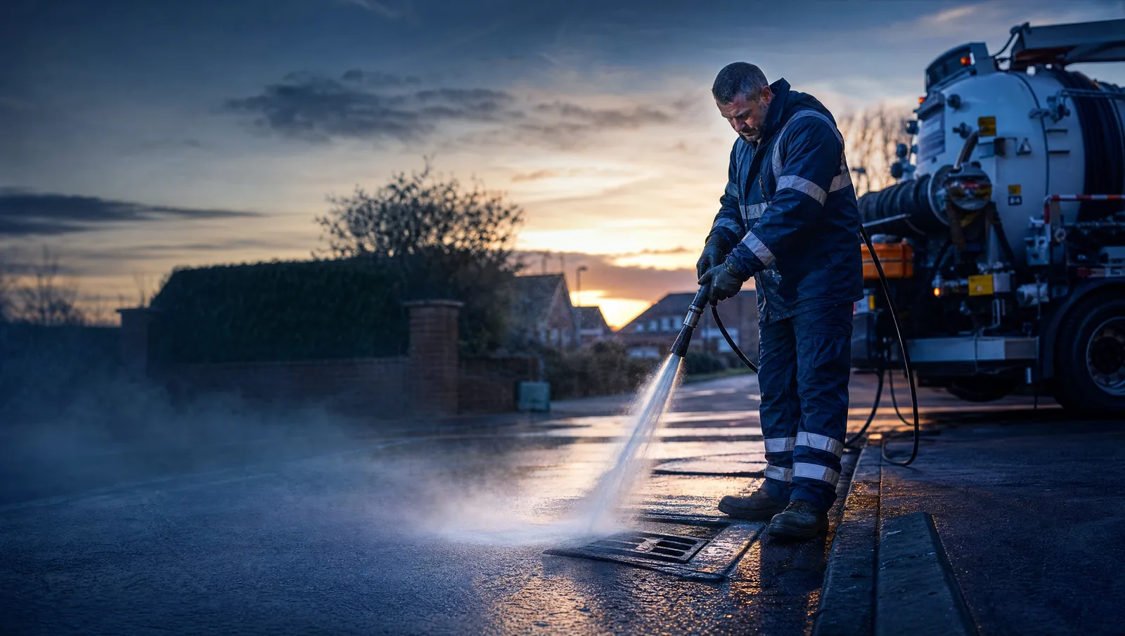 Total Drainage engineer high-pressure jetting a blocked drain